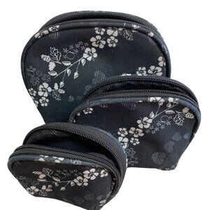 Floral Black & White Zippered Pouch Set 3 Small Medium Large Durable Polyester I